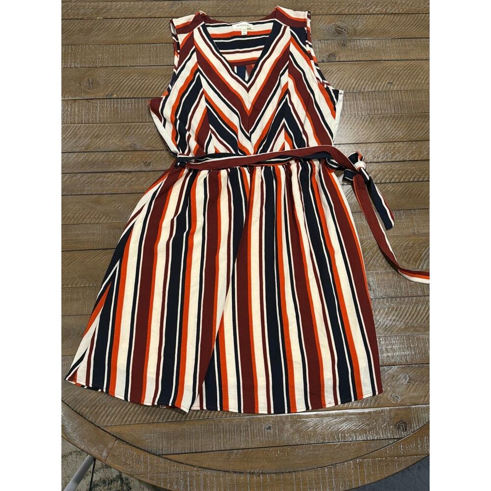 Monteau Faux Wrap Belted Dress Fall Stripes V Neck Lined - Snag in Back - XL